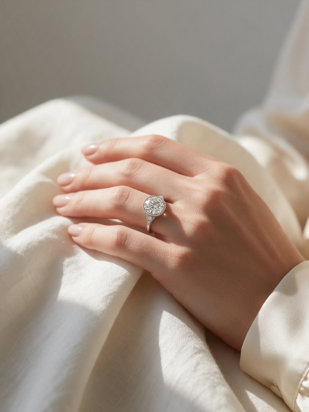 Mano sobre lino marfil con un anillo de compromiso de platino y diamante de talla antigua