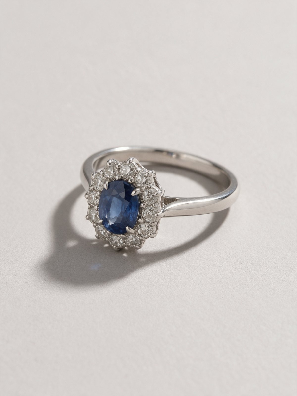 Anillo de compromiso de platino con zafiro oval y orla de diamantes