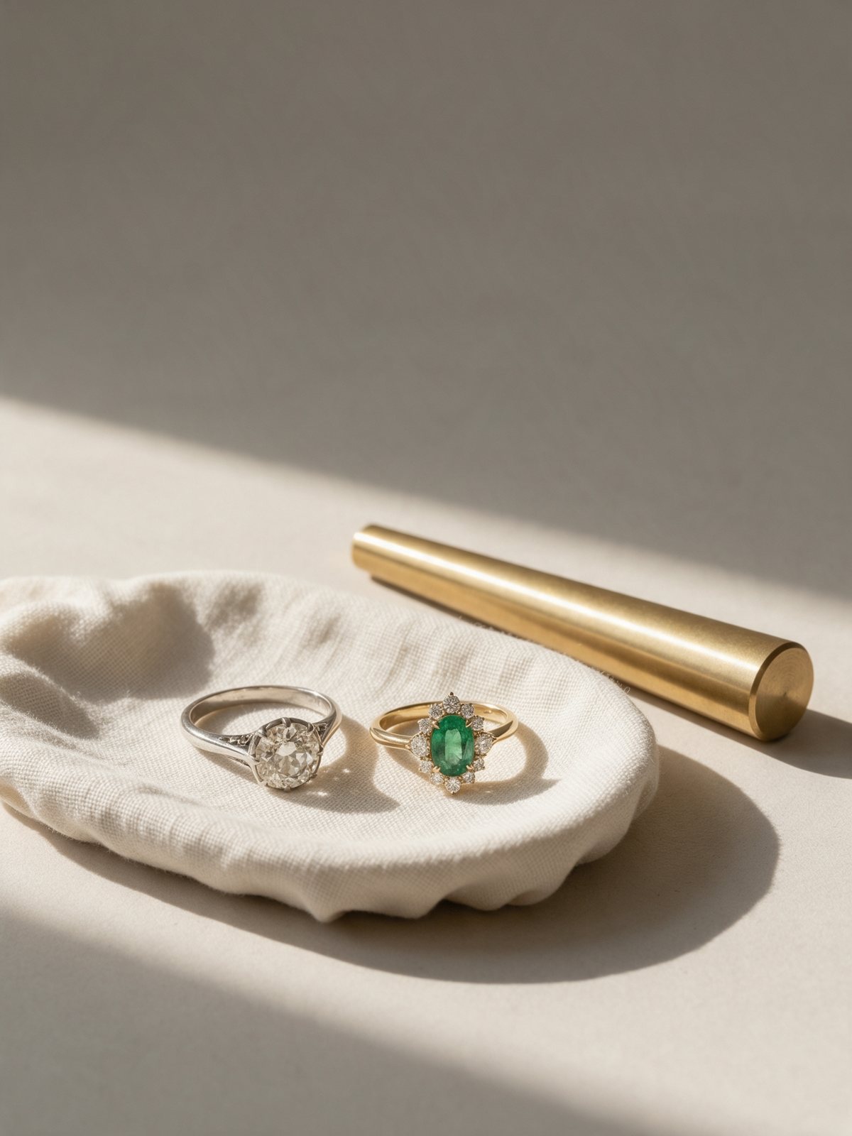 Dos anillos de compromiso, un solitario de diamante y un anillo de esmeralda con diamantes, junto a un medidor de tallas de latón