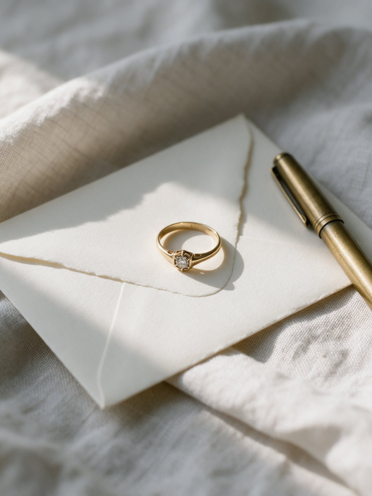 Sortija de oro amarillo con un pequeño diamante sobre un sobre de papel marfil, junto a una pluma dorada, encima de un lino claro