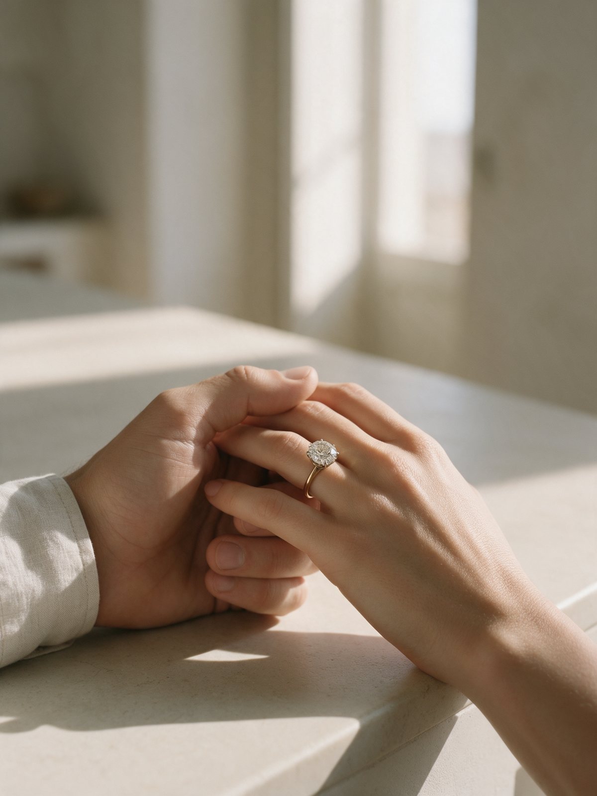 Pareja de la mano sobre un mostrador de piedra; ella lleva un anillo de compromiso solitario de diamante