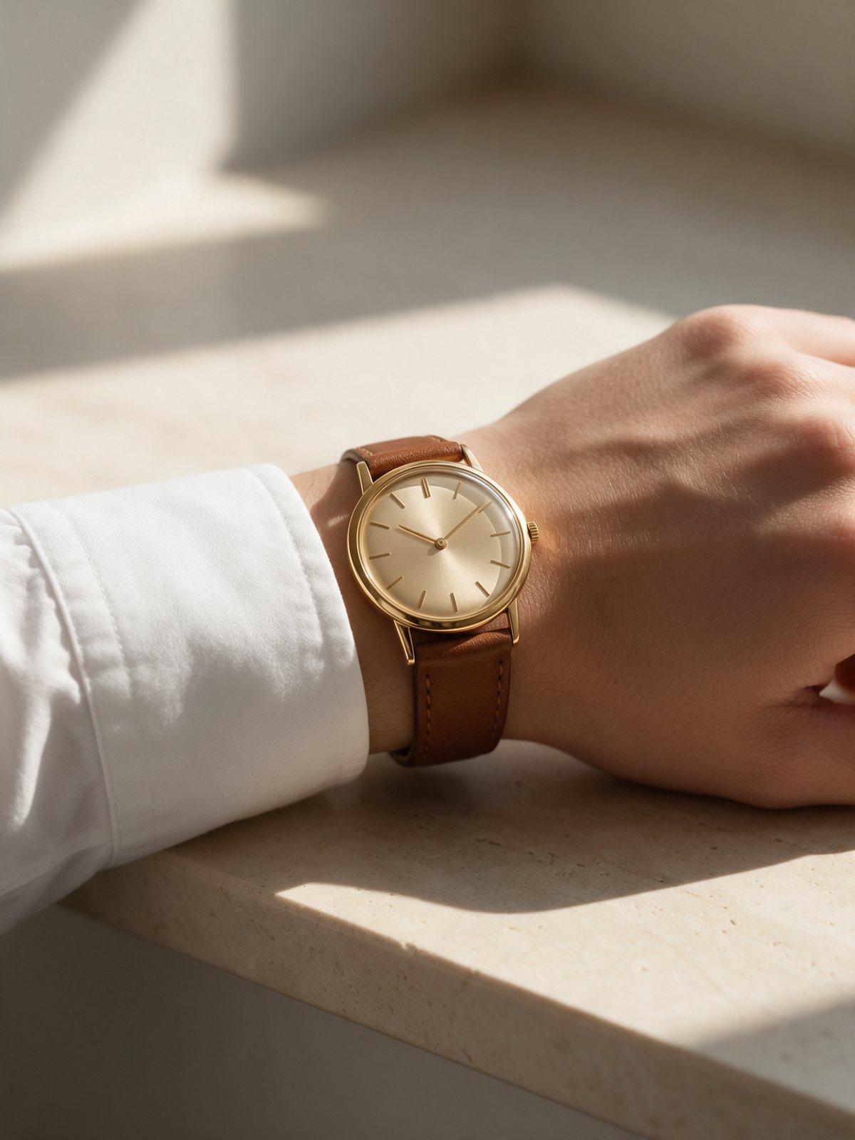 Muñeca de hombre con un reloj de oro amarillo de esfera champán y correa de piel marrón