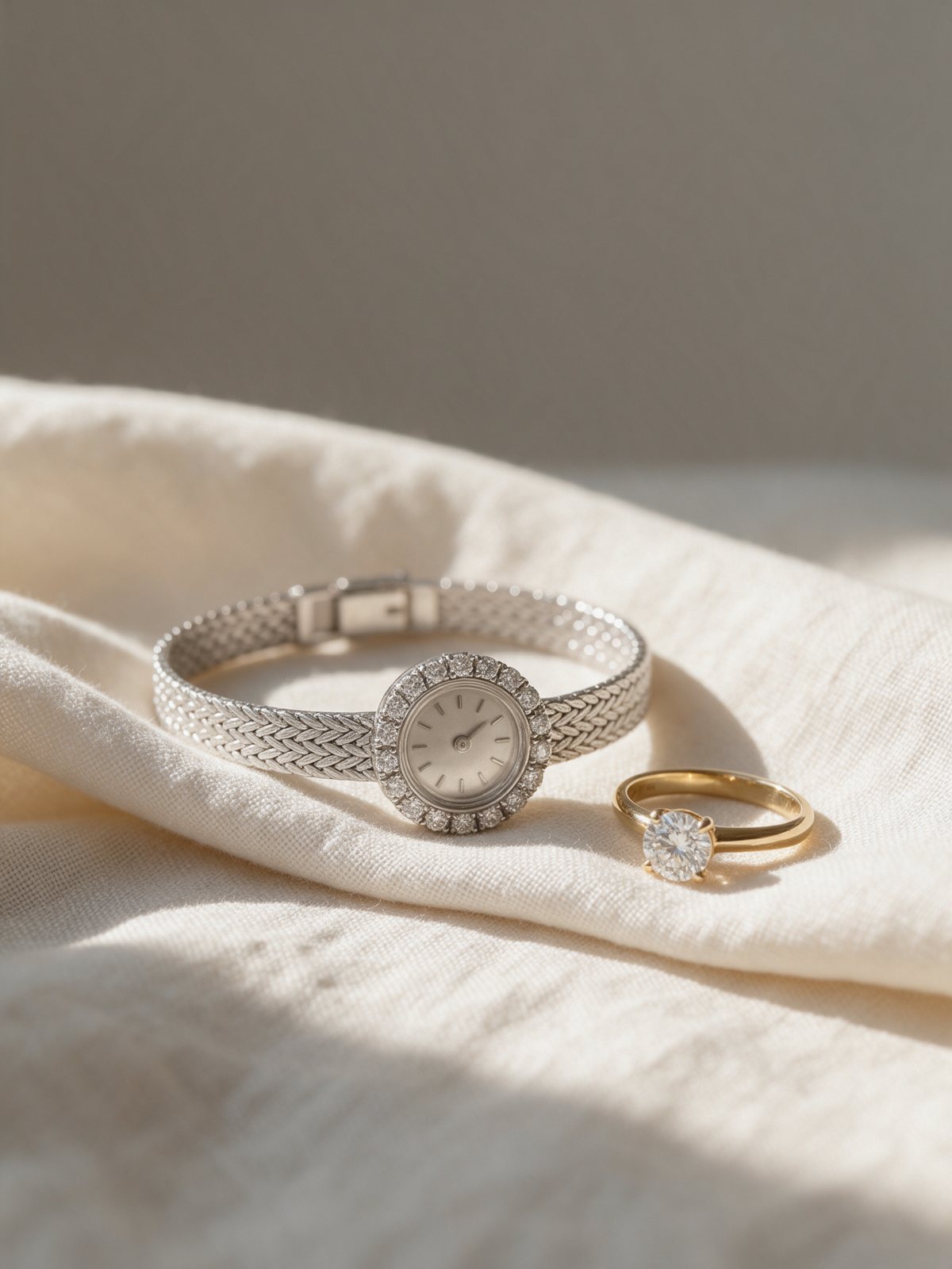 Reloj joya de señora con bisel de diamantes junto a una sortija de oro con diamante, sobre lino
