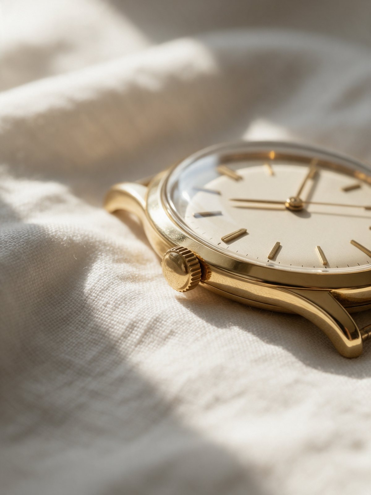 Detalle de la corona y la esfera de un reloj vintage de oro amarillo sobre lino marfil