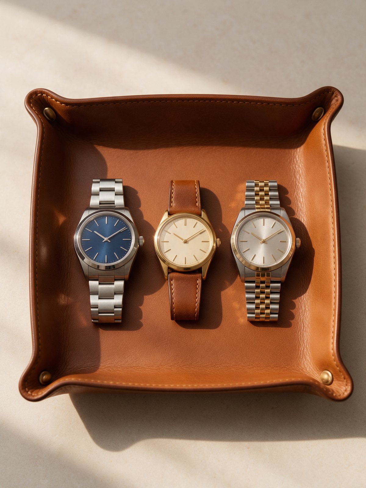 Tres relojes de pulsera, de acero, de oro y de acero y oro, en una bandeja de piel