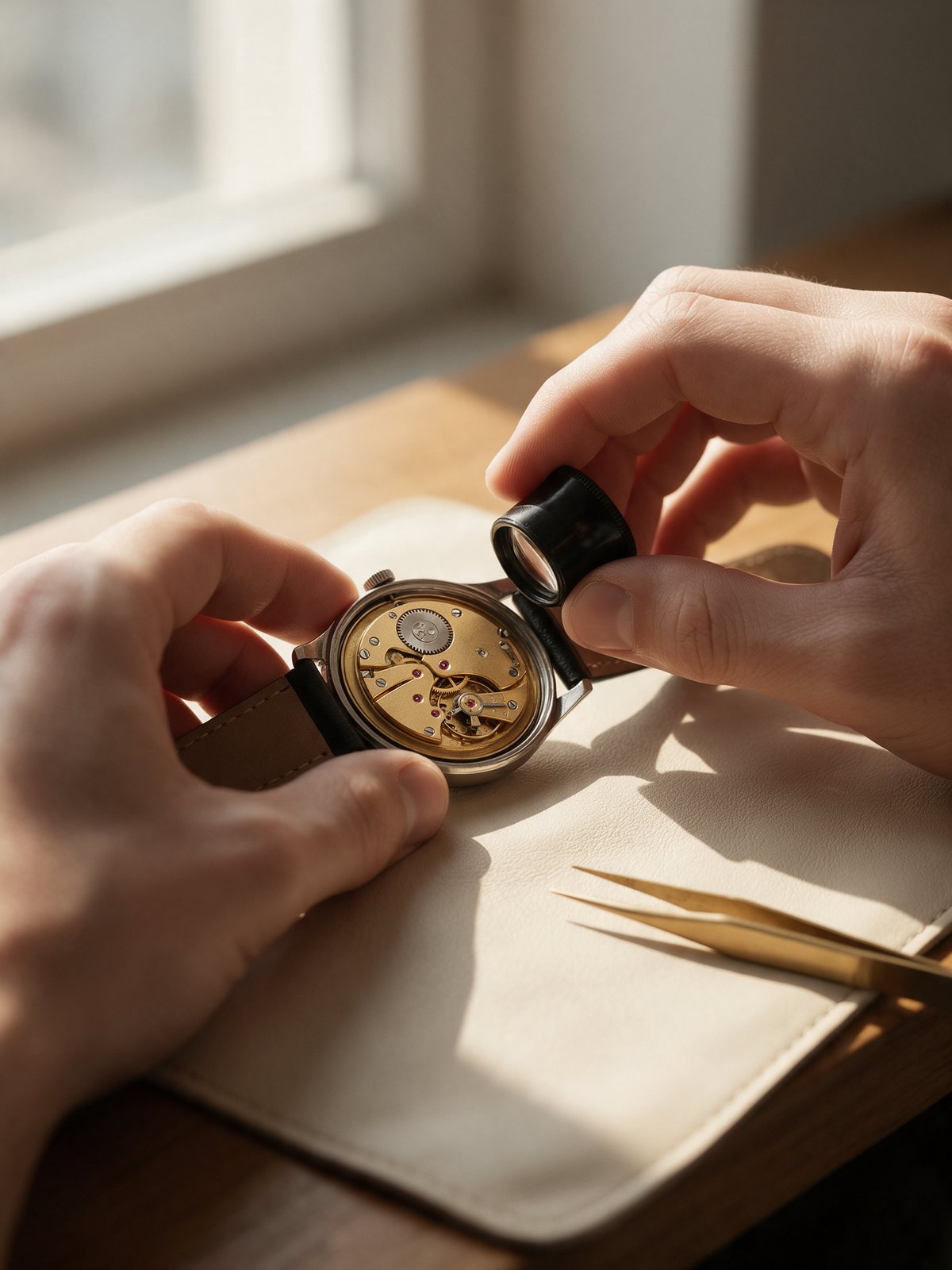 Manos examinando con una lupa el movimiento de un reloj mecánico con el fondo abierto