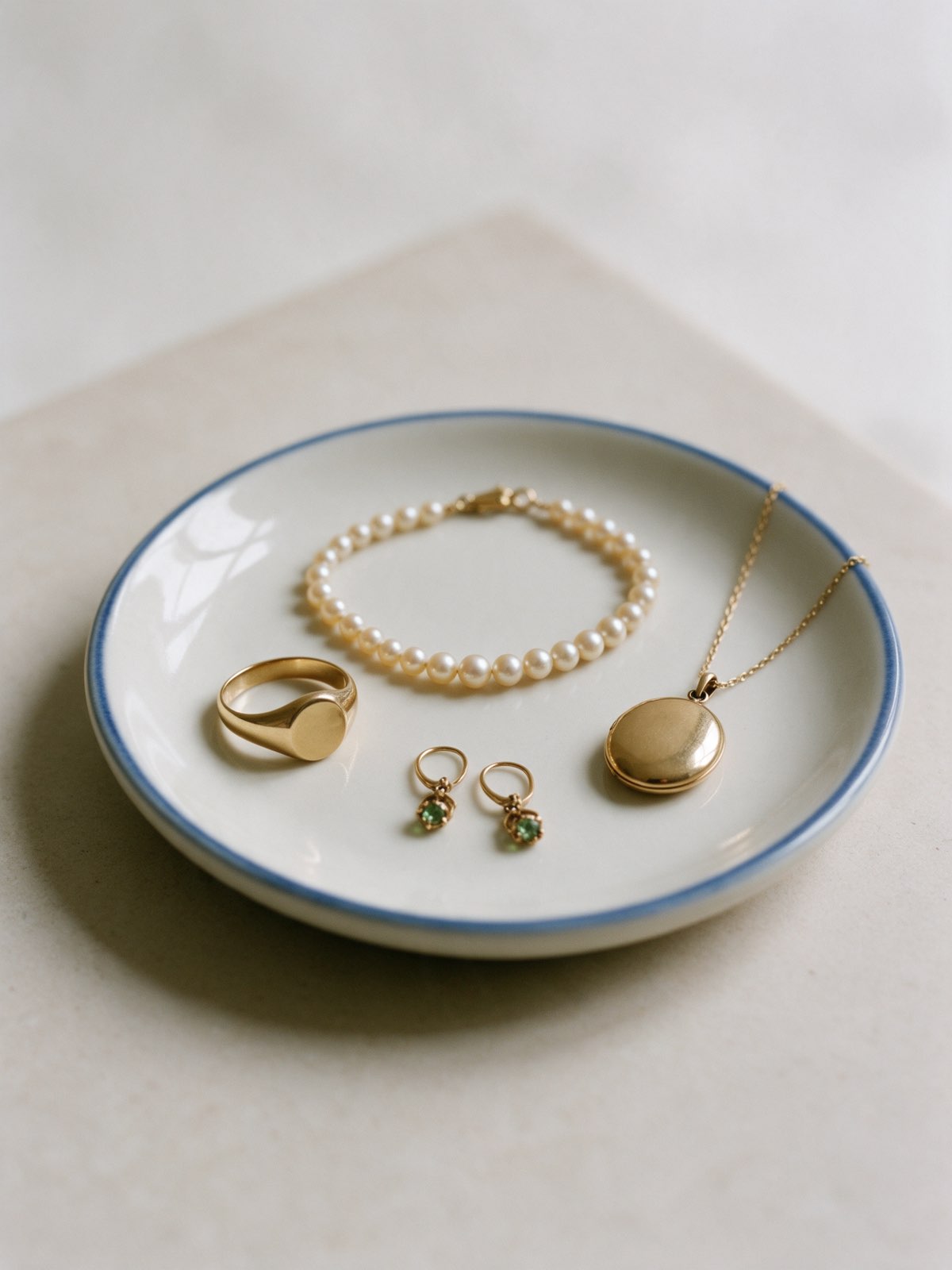 Bodegón de joyas en un plato de cerámica blanca con borde azul: un sello de oro, una pulsera de perlas, unos pendientes con piedras verdes y un guardapelo de oro