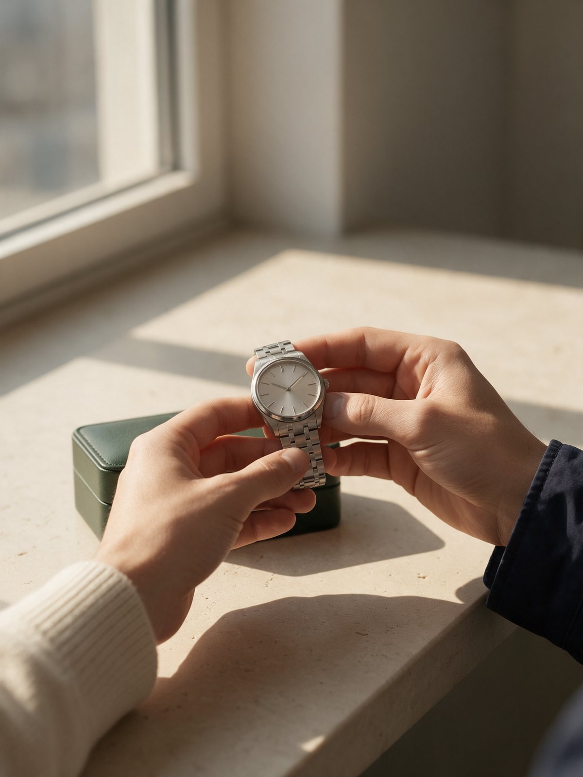 Manos sobre un mostrador sosteniendo un reloj de acero con brazalete, junto a un estuche de piel verde